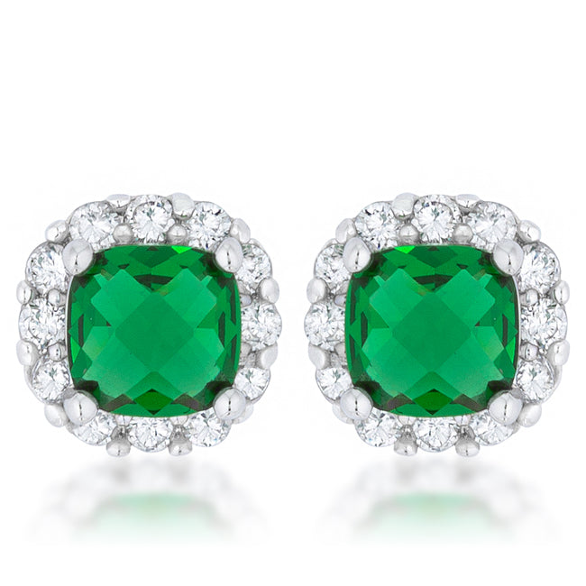 Liz 2ct Emerald CZ Rhodium Classic Cushion Stud Earrings