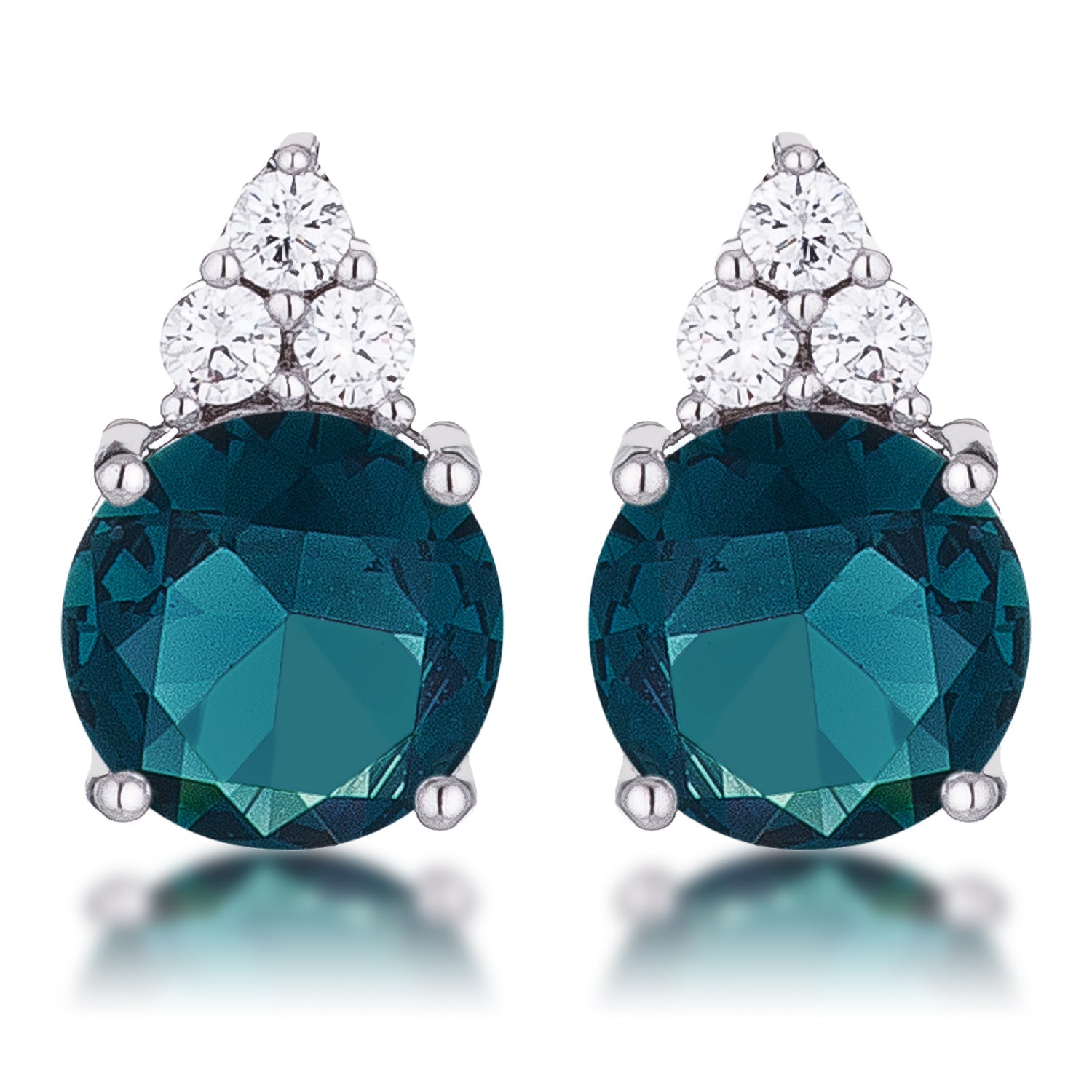 Simple Rhodium Plated 9mm Blue Green CZ Stud Earring