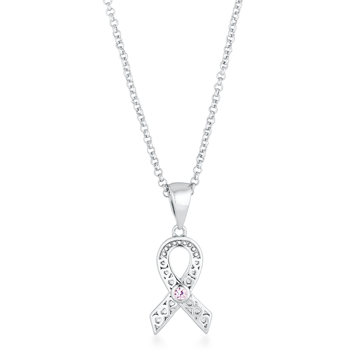 Rhodium Plated Heart Filigree Breast Cancer Awareness Ribbon Pendant