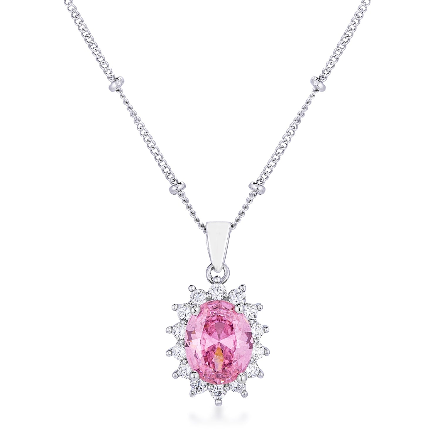 Rhodium Plated Pink Petite Royal Oval Pendant