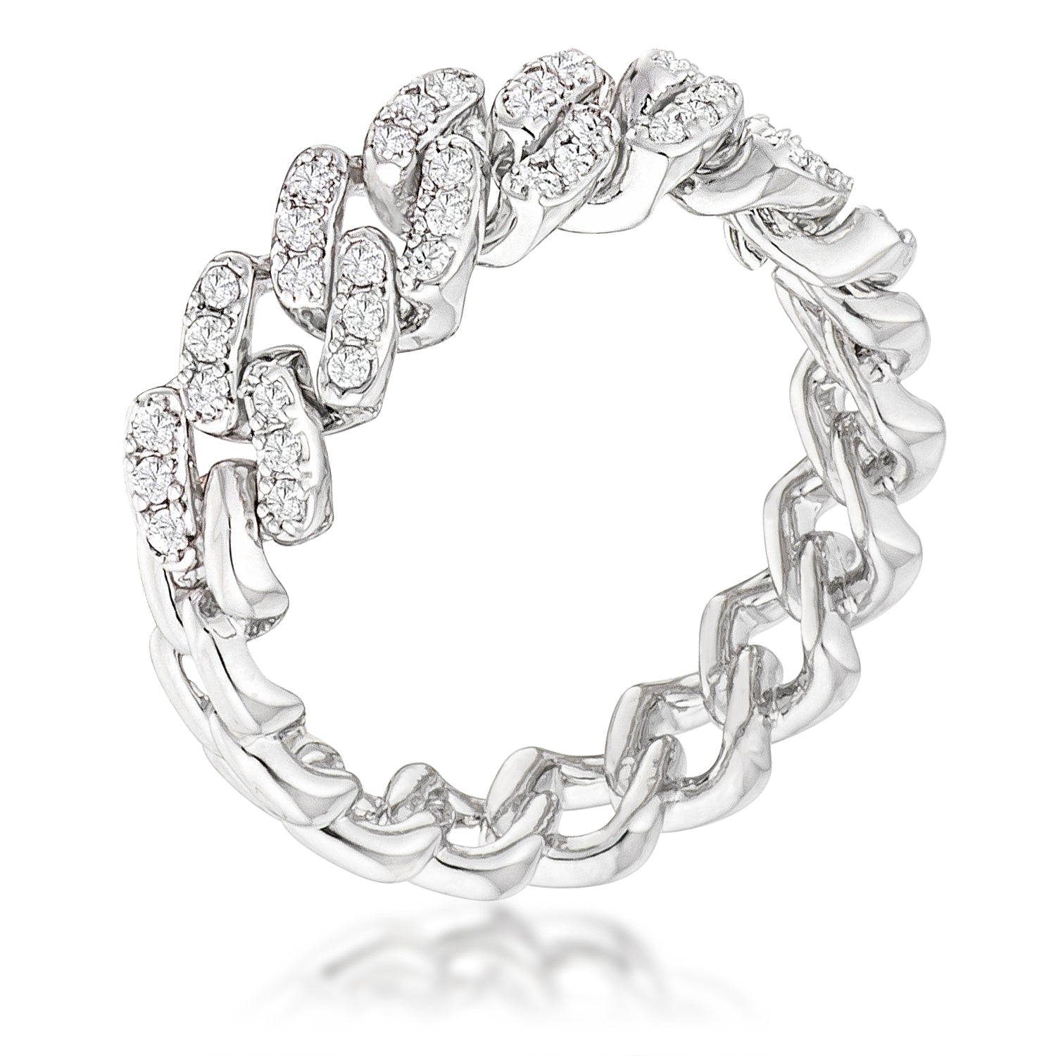 Rhodium Plated Clear CZ Round Cut Flexible Chain Ring