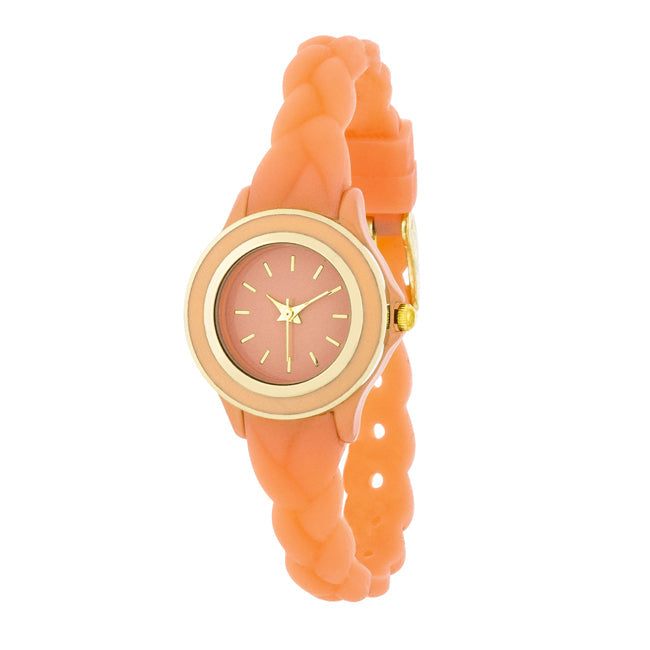 Carmen Braided Ladylike Watch With Coral Rubber Strap